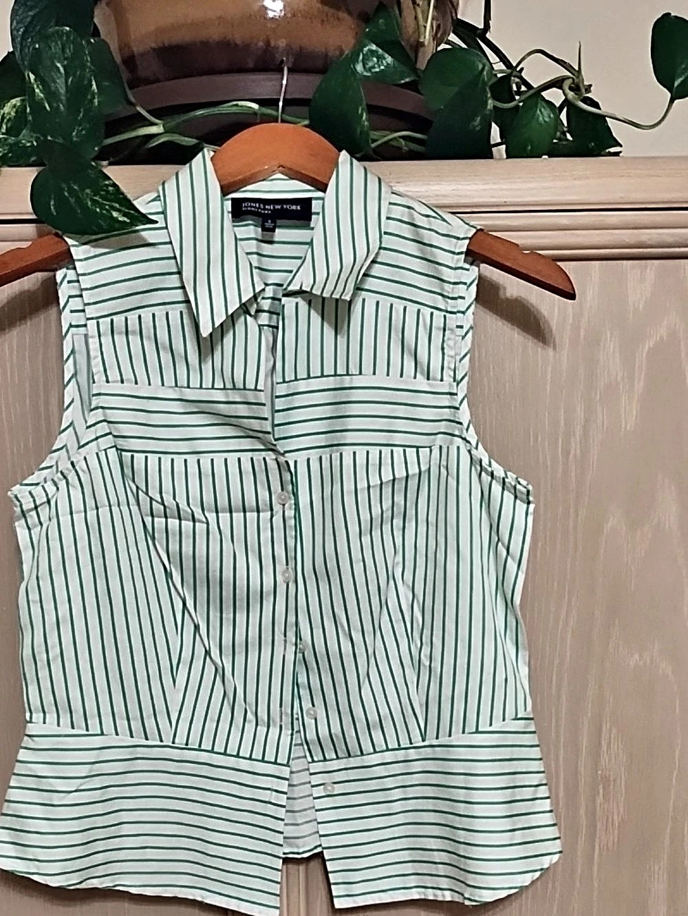 Jones New York Striped Sleeveless Button Down Top in White & Green Like New
